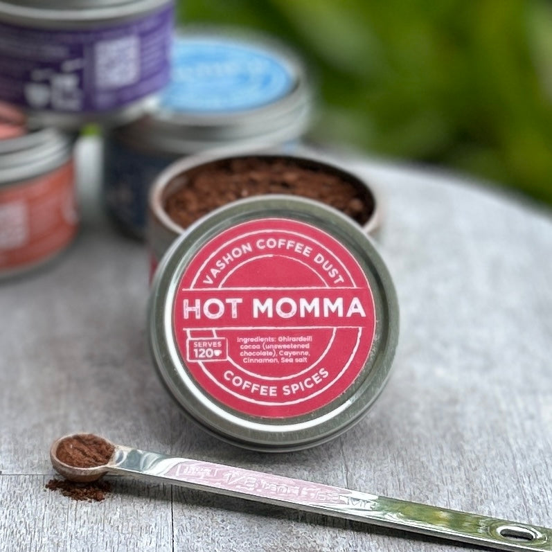 Hot Momma Coffee Dust | 120 servings | Coffee Flavoring using Spices: Cocoa, Cayenne, Cinnamon and Sea Salt